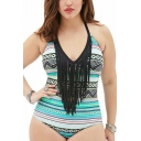 Fashion Tribal Printed Halter Neck Tassel Hem Plus Size Blue One Piece Swimsuit Swimwear