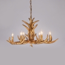 Vintage Style Gold Chandelier with Deer Horn Decoration 6 Lights Resin Hanging Light for Living Room