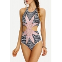 New Stylish Sunflower Striped Printed Halter Neck Cutout One Piece Swimsuit for Women