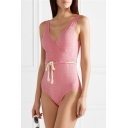 New Fashion Solid Color Surplice V-Neck Braided Tied Waist One Piece Swimsuit for Women