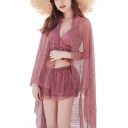 Womens New Trendy Basic Simple Solid Color Lace Coat Three-Piece Bikini Set