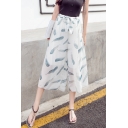 Summer Fashion Allover Feather Printed Tied Waist Capri Pants White Chiffon Wide-Leg Pants for Girls