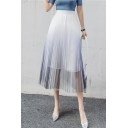 Girls Summer Trendy Ombre Color Gathered Color A-Line Flowy Gauze Skirt with Liner