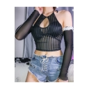 Chic Unique Halter Neck Ruffle Detachable Long Sleeve Sexy Sheer Black Cropped T-Shirt