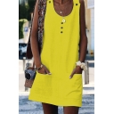 Summer Fancy Button Embellished Scoop Neck Solid Color Mini Swing Tank Dress with Pocket