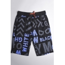 Guys Black Cool Letter Graffiti Printed Drawstring Waist Beach Swim Shorts