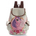 Leisure Unicorn Floral Pattern Linen Khaki Backpack with Side Pockets 28*11*39 CM