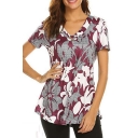 Womens Chic Floral Printed Button V-Neck Short Sleeve Fitted T-Shirt