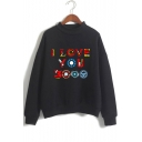 Chic Unique Colorful Iron Letter I LOVE YOU 3000 Mock Neck Long Sleeve Pullover Sweatshirt