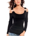 New Trendy Sexy Cold Shoulder Scoop Neck D Ring Strap Plain Slim Fit T-Shirt For Women