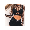 Hot Popular Sexy Round Neck Long Sleeve Hollow Out Mesh Cropped Nightclub T-Shirt