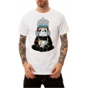 Men's Summer New Trendy Funny Cartoon Monk Panda Print Round Neck Short Sleeve Basic White T-Shirt