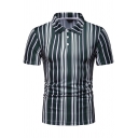 Summer Fashion Vertical Stripe Printed Short Sleeve Three-Button Front Mens Slim Polo Shirt