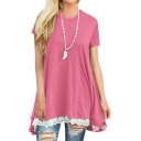 Womens Basic Round Neck Short Sleeve Simple Plain Lace-Trim Casual Loose T-Shirt