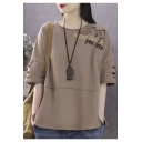 Cartoon Letter Embroidery Round Neck Cutout Sleeve Summer Cotton Loose T-Shirt