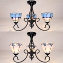 Antique Style White/Blue Ceiling Light Cone 3 Lights Glass Semi Flush Mount Light for Kitchen