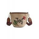 Popular Leaf Letter Embroidery Colorful Wide Strap Straw Crossbody Bucket Bag 19*9*15 CM
