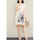 Summer New Trendy Floral Printed Round Neck Short Sleeve Midi Beige Jersey Shift Dress for Women
