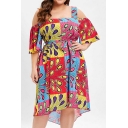 Women's Summer Trendy Color Block Printed Cut Out Short Sleeve Square Neck Bow-Tied Waist Midi Oversize Red Dress