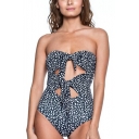 New Stylish Polka Dot Printed Knotted Cutout Bandeau One Piece Blue Swimsuit for Women
