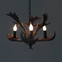 Resin Candle Chandelier with Deer Horn Decoration 3/5 Lights Vintage Style Pendant Lighting for Foyer