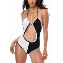 Women's Summer Trendy Black and White Colorblock Sexy Cutout One Piece Swimsuit Swimwear