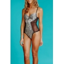 Womens Sexy Sheer Mesh Panel Fashion Snake Scale One Piece Swimsuit