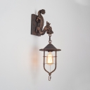 Rust Finish Lantern Wall Sconce with Dragon 1 Light Industrial Metal Wall Lighting for Hallway