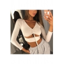 Women's Sexy Plunged V-Neck Cutout Drawstring Front Long Sleeve Slim Cropped T-Shirt