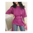 Girls Summer Unique Fashion Round Neck Belted Waist Solid Color Asymmetrical Longline T-Shirt