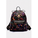Summer Fashion Allover Printed Rivet Embellishment Black Zipper Backpack 29*14*32 CM