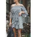 Classic Black and White Plaid Printed Off the Shoulder Tied Waist Mini Ruffled Dress