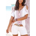 Summer Tribal Printed Tied Round Neck Cold Shoulder Short Sleeve Casual Loose White Tee