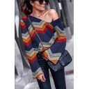 Womens New Trendy Chevron Striped Long Sleeve One Shoulder Casual Loose Tee