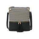 Fashion Stripe Pattern Zipper Front Fringe Crossbody Shoulder Bag 23*26 CM