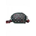 Trendy Colored Rivet Stars Embellishment Letter Wide Shoulder Strap Black Circle Crossbody Bag 18*8*13 CM