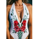 Womens Chic Floral Printed Halter Sexy Plunged Neck High Leg One Piece Swimsuit Swimwear