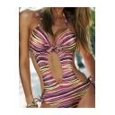 Trendy Red Striped Printed Halter Neck Cut Out Tied Side Monokini Womens One Piece Swimsuit Swimwear