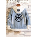 Womens New Trendy Fashion Logo Printed Patched Hooded Ripped Denim Jacket