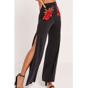 Womens Fashionable Floral Embroidery High Rise High Split Side Black Wide-Leg Pants