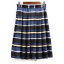 Trendy Blue Stripe Pattern Midi A-Line Crinkled Pleated Skirt