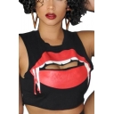 Women's Cool Fashion Big Lip Printed Black Cropped Tank Top