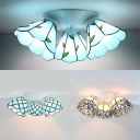 Stained Glass Dome Ceiling Lamp Living Room 3 Lights Magnolia/Leaf/Beads Tiffany Style Flush Mount Light