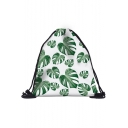 Fresh Leaves Printed Canvas White and Green String Backpack 30*39 CM