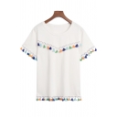 Summer Hot Fashion Simple Tassel Hem Short Sleeve Loose White T-Shirt