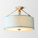 Blue Drum Ceiling Light 4 Lights American Rustic Fabric Semi Flush Mount Light for Living Room