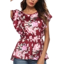 Womens Fashion Chic Floral Printed Round Neck Ruffled Sleeve Elastic Waist Fitted T-Shirt