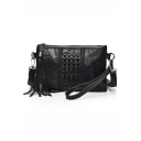 Fashion Solid Color Rivet Embellishment Black Sheepskin Fringe Crossbody Handbag 26*3*16 CM