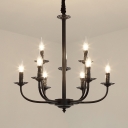 Black Flameless Candle Chandelier 9 Lights Colonial Style Metal Hanging Light for Living Room