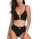 Sexy Black Spaghetti Straps Hollow Out High Waist Bottom Bikini